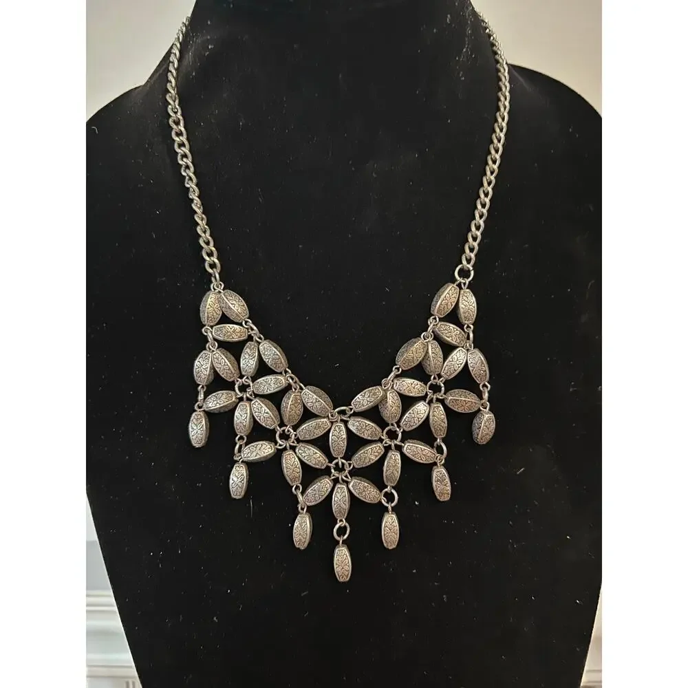 Vintage Silver Tone Filigree Bib Statement Necklace Boho Fringe Tiered Dangle